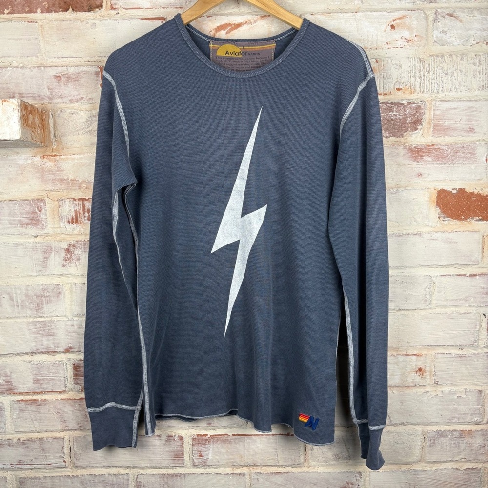 Aviator Nation L Lightning Bolt Thermal Waffle Knit Long Sleeve Blue Made in USA
